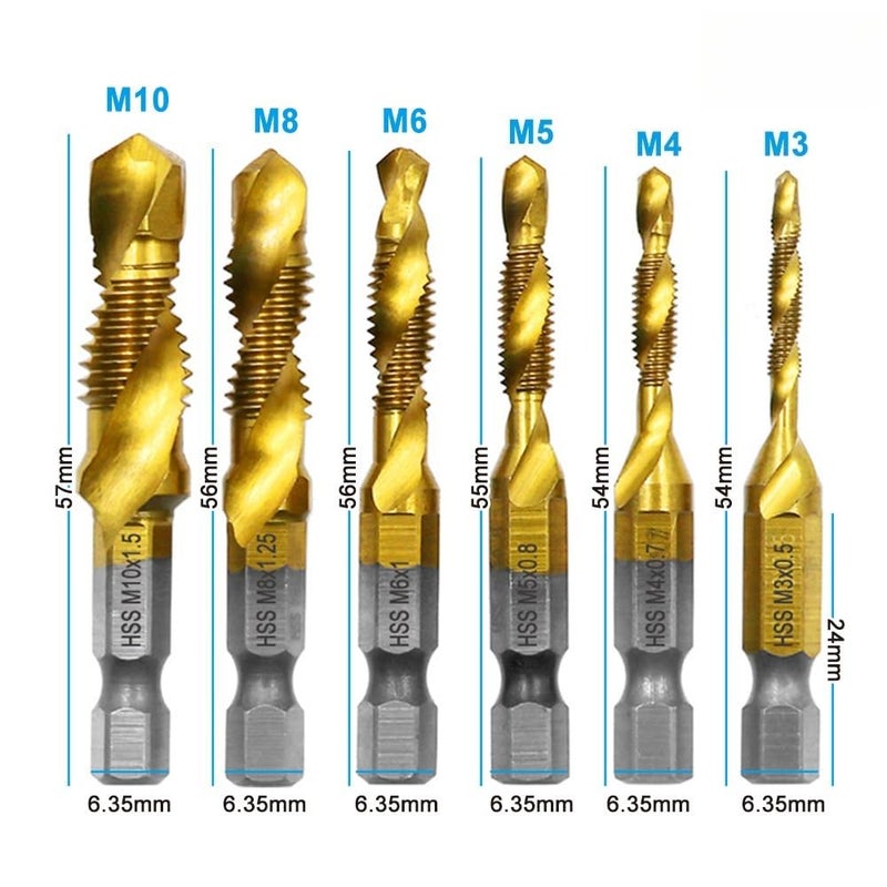 EMSTAR 6 PCS Combination Drill and Tap Set, Professional HSS Titanium Thread Tap Drill Bit Set in SAE 6-32NC 8-32NC 10-32NC 10-24NC 12-24NC 1/4-20NC, Quick Change Screw Tapping with 1/4”Hex Shank - Image 2